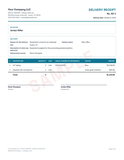 PDF example of delivery receipt