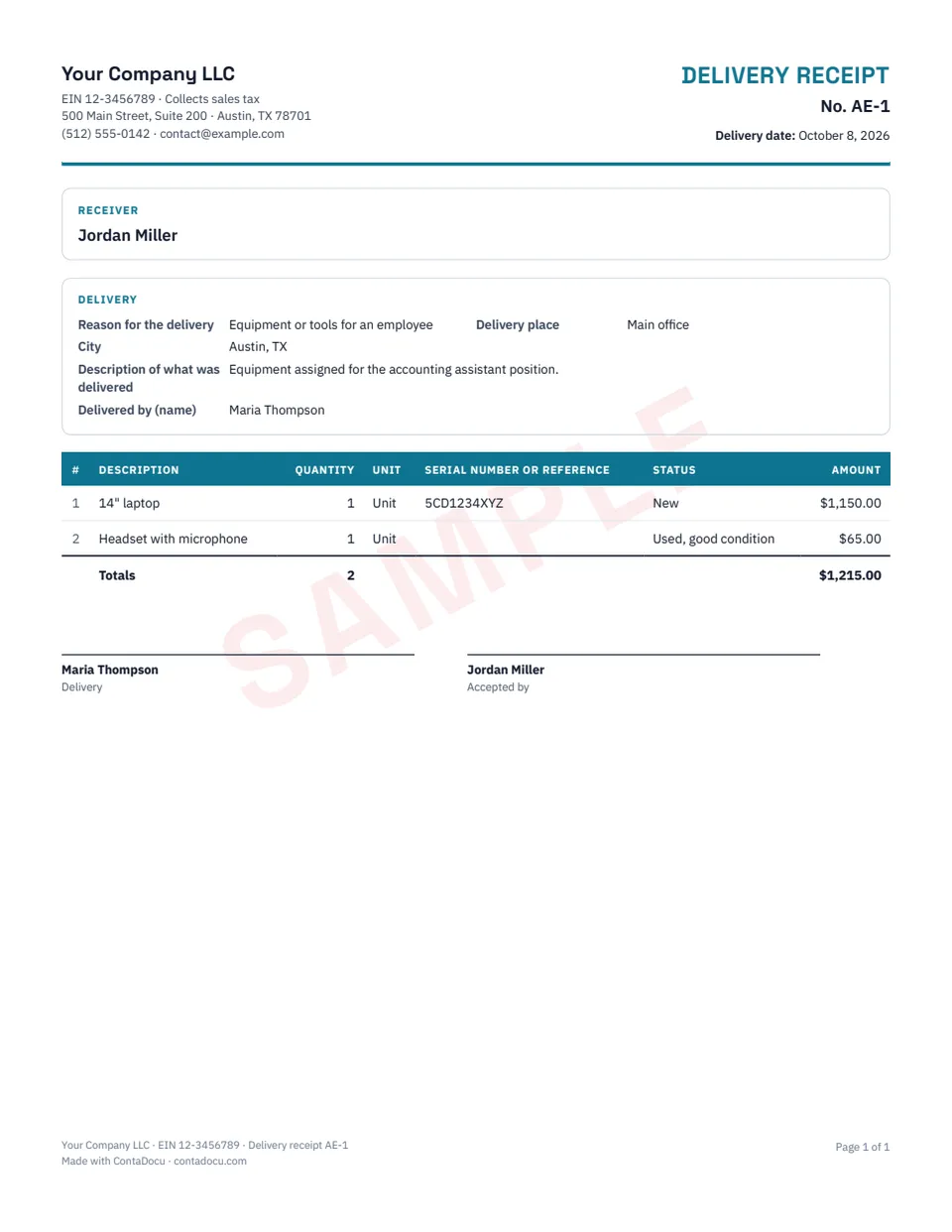 Example of delivery receipt with sample data