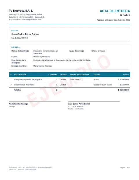 Ejemplo de acta de entrega en PDF