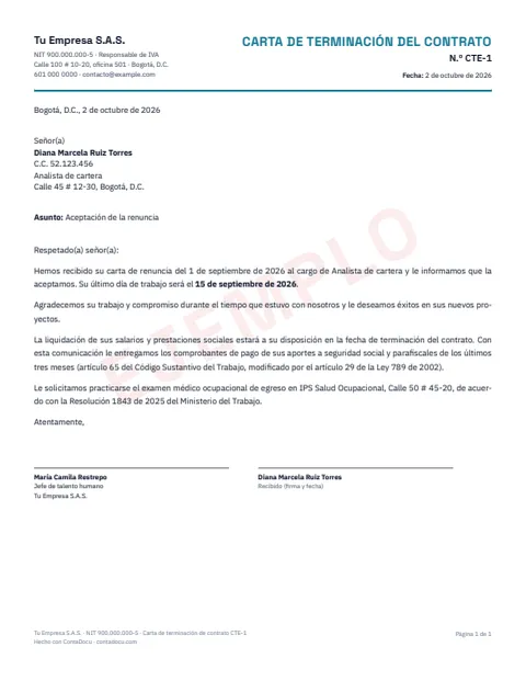 Ejemplo de carta de terminación de contrato en PDF