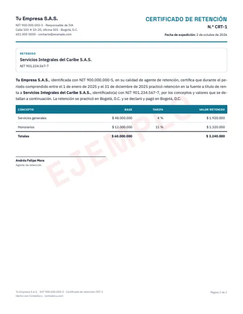 Ejemplo de certificado de retención en PDF