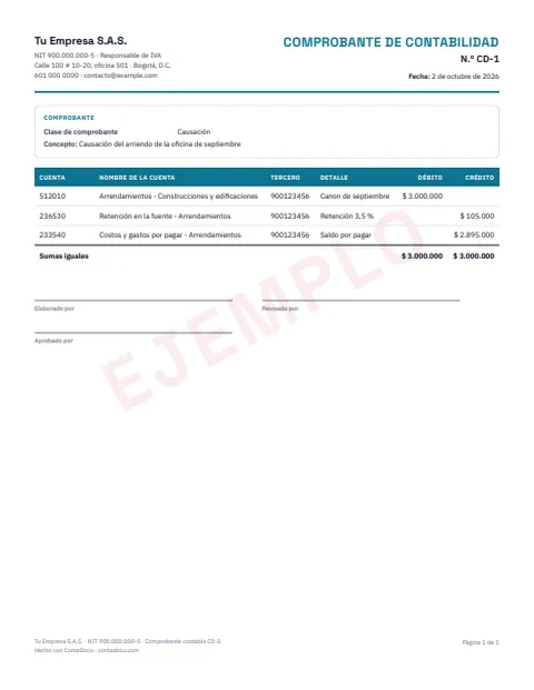 Ejemplo de comprobante contable en PDF
