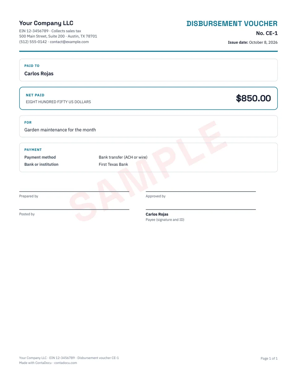 Example of disbursement voucher with sample data