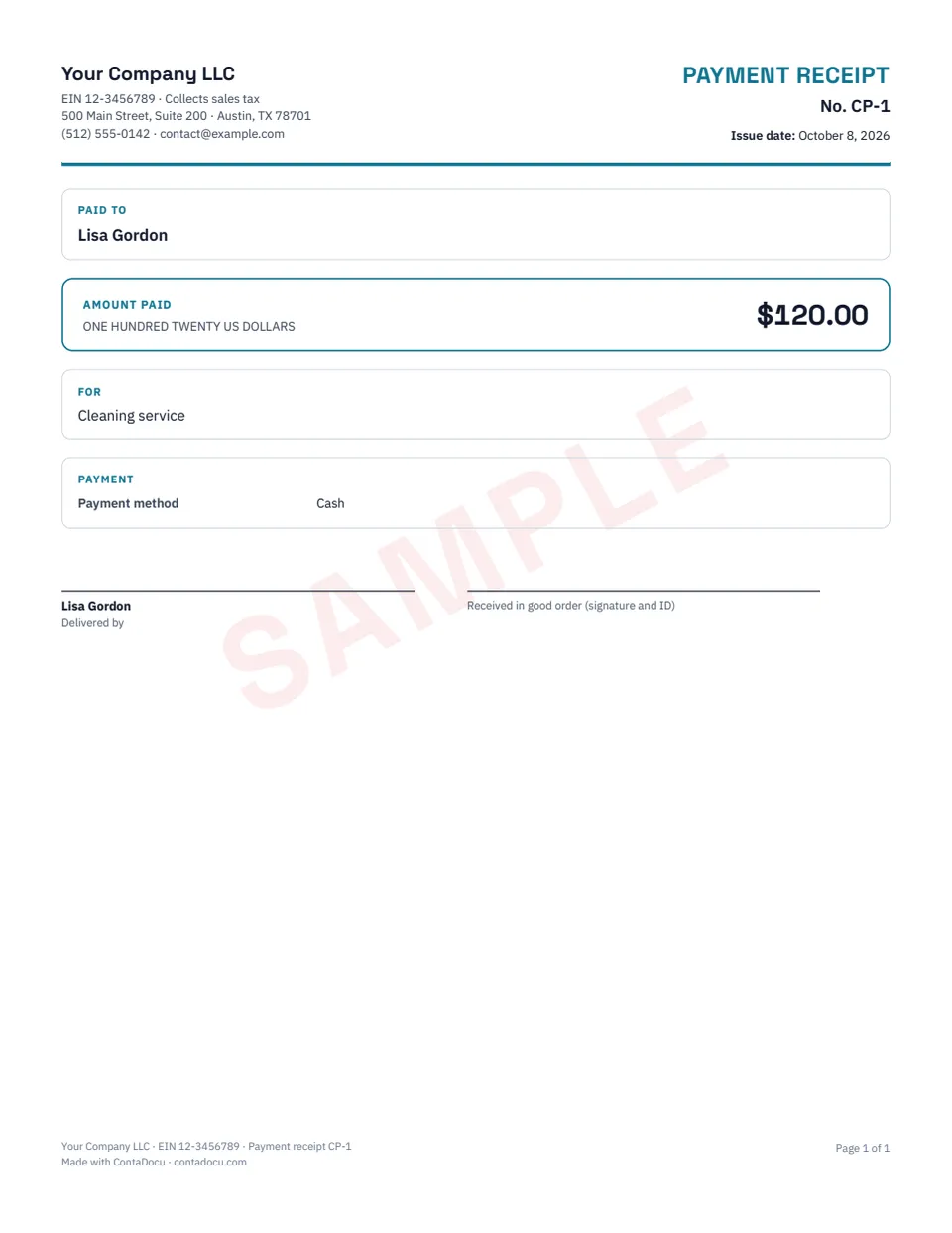 Example of payment receipt with sample data