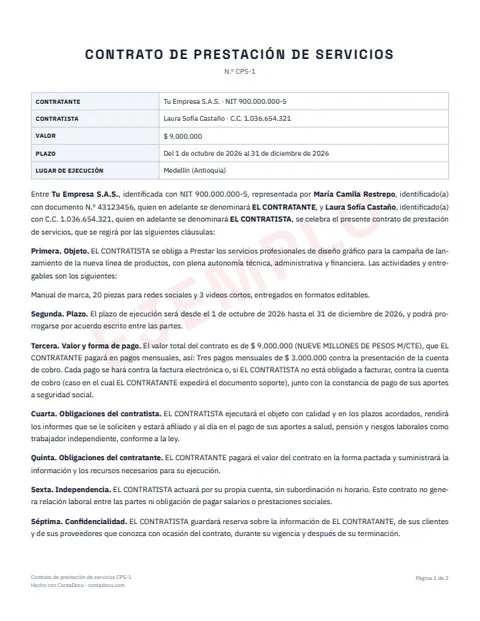 Ejemplo de contrato de prestación de servicios en PDF
