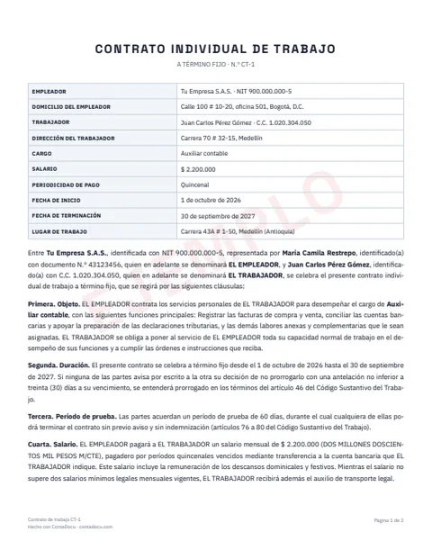 Ejemplo de contrato de trabajo en PDF