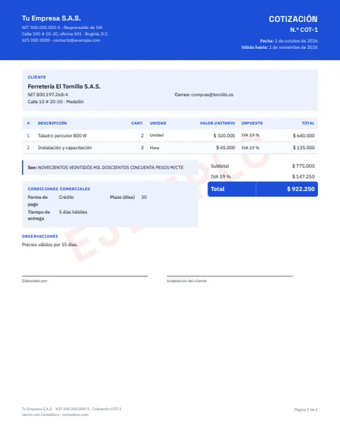 Cotización de ejemplo con el estilo moderno