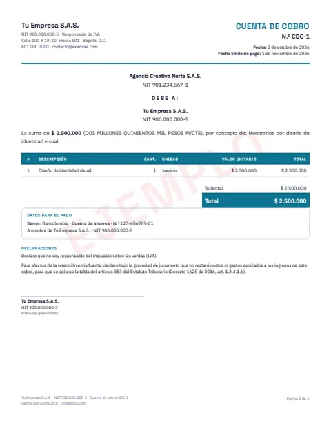 Ejemplo de cuenta de cobro en PDF