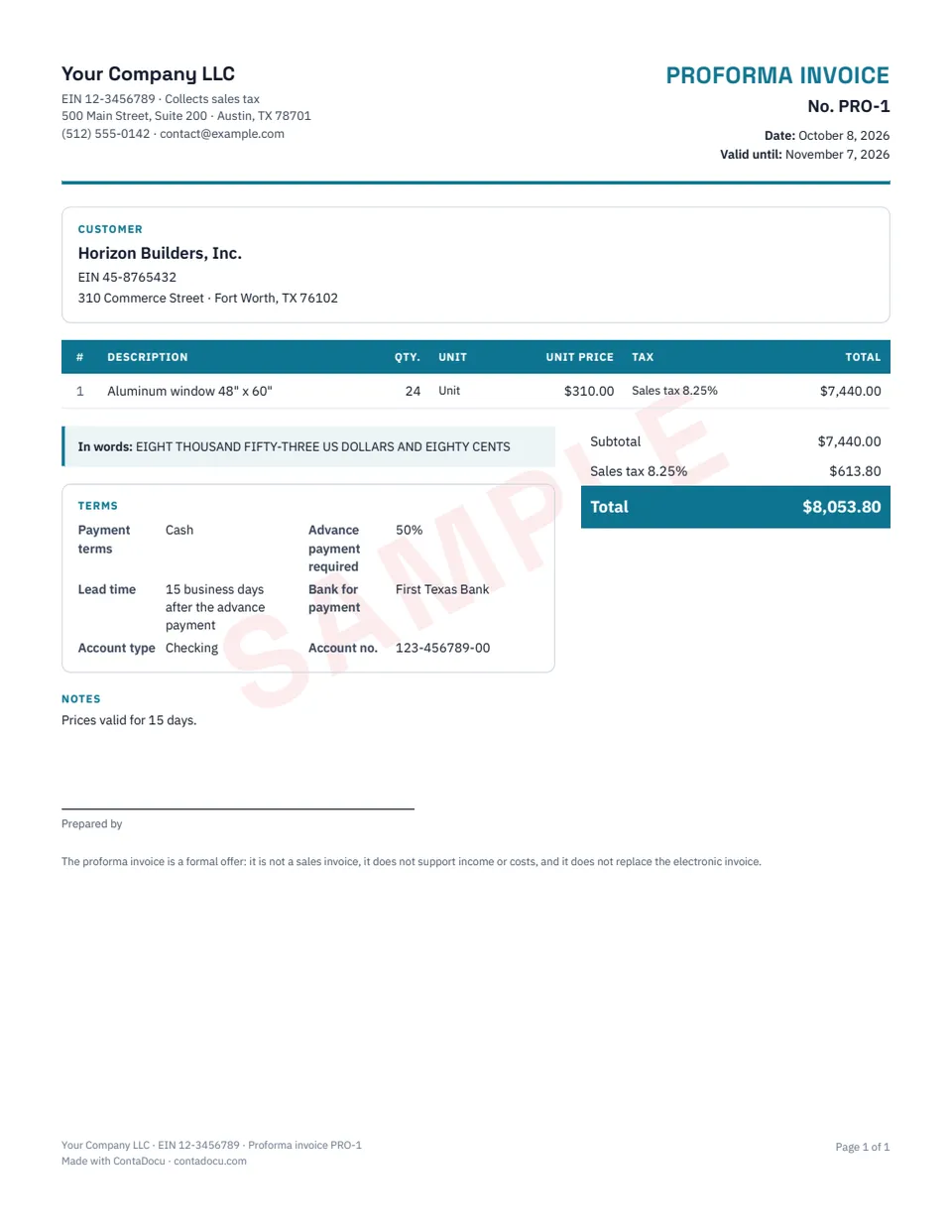 Example of proforma invoice with sample data