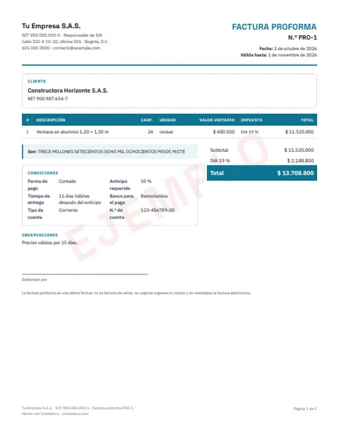 Ejemplo de factura proforma en PDF