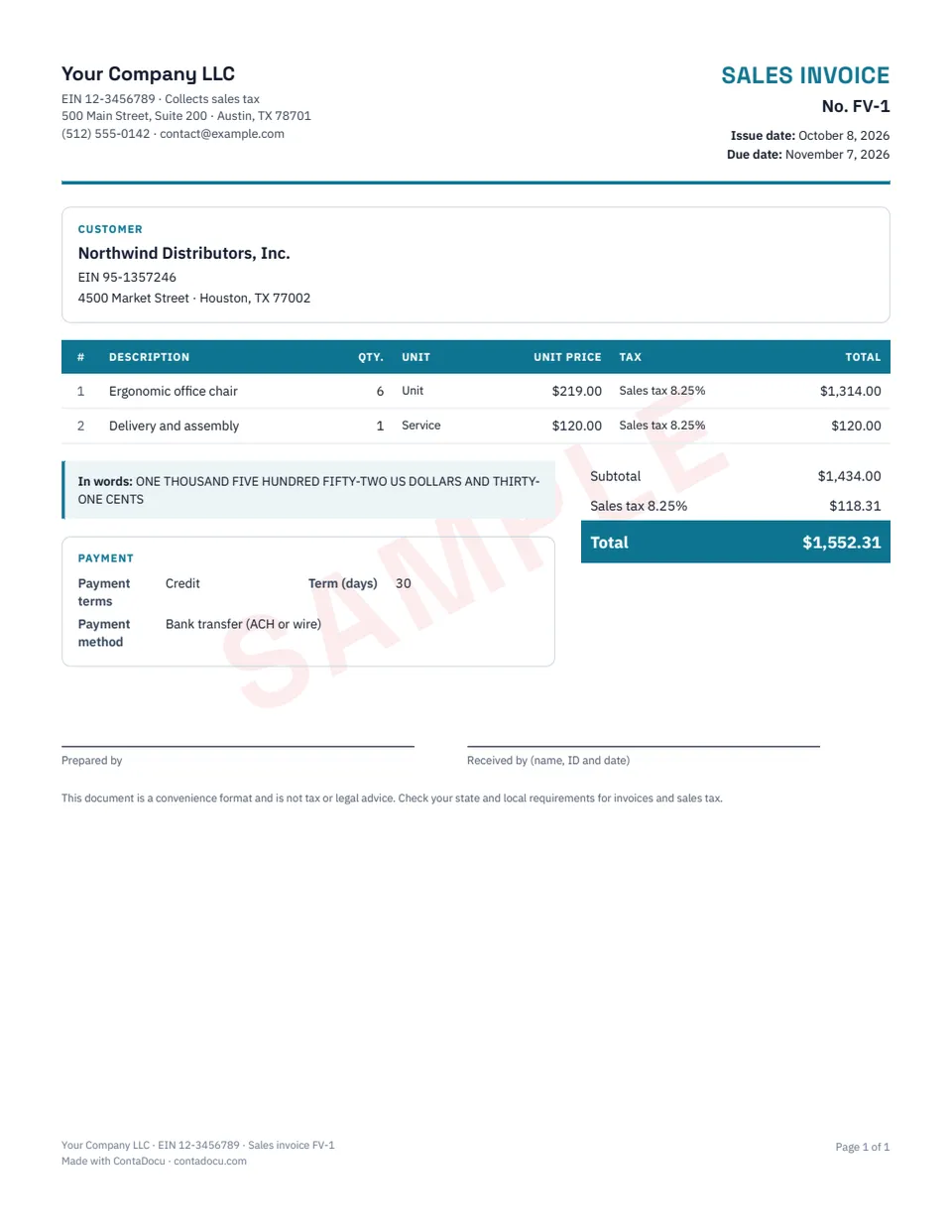 Example of sales invoice with sample data