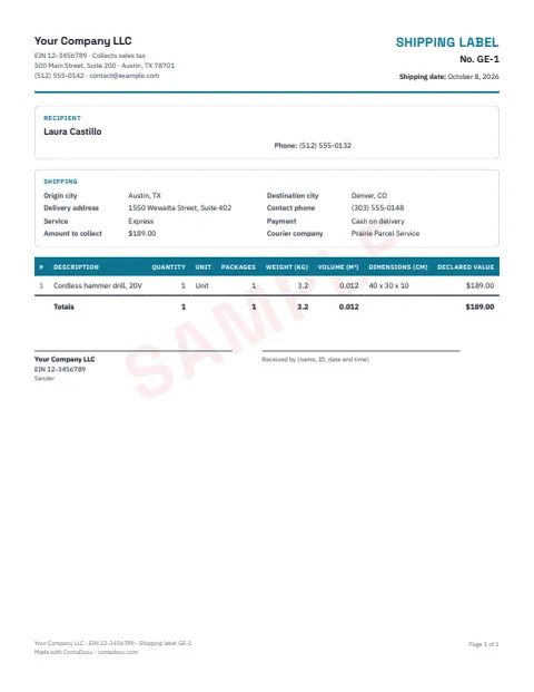 PDF example of shipping label
