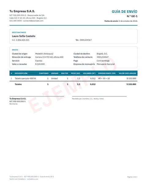 Ejemplo de guía de envío en PDF