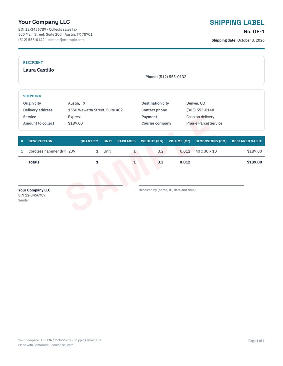 Example of shipping label with sample data
