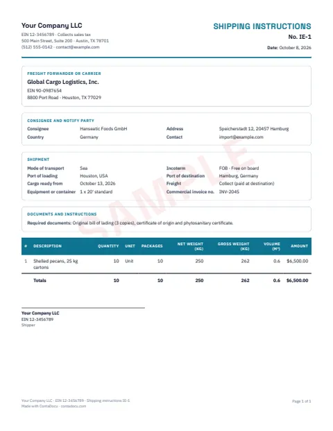 PDF example of shipping instructions