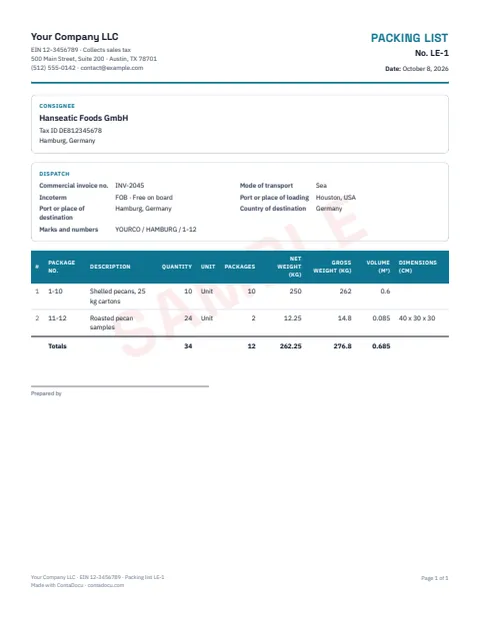 PDF example of packing list