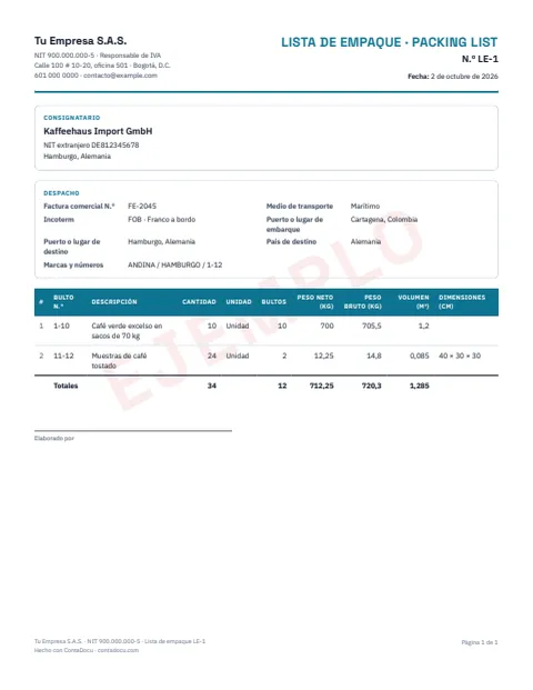 Ejemplo de lista de empaque en PDF
