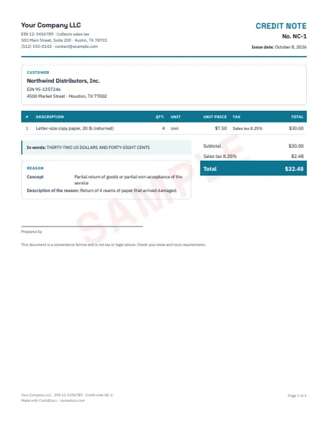 PDF example of credit note
