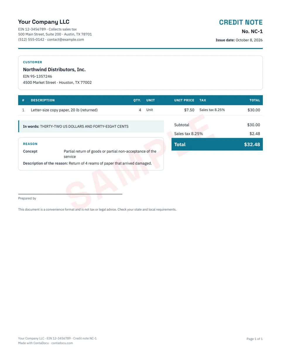 Example of credit note with sample data