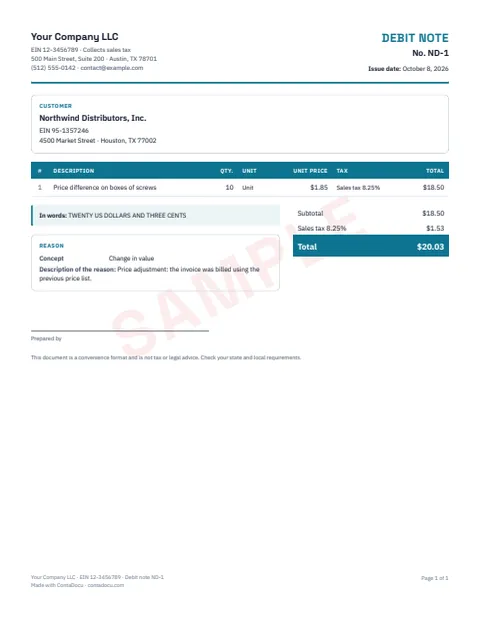 PDF example of debit note