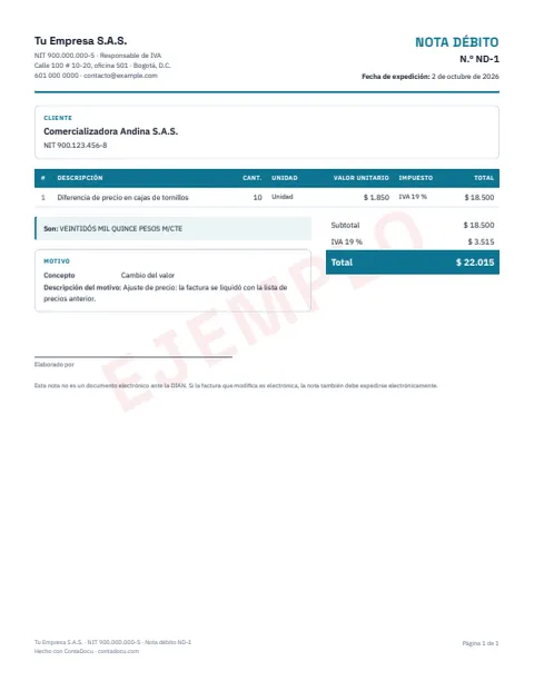 Ejemplo de nota débito en PDF