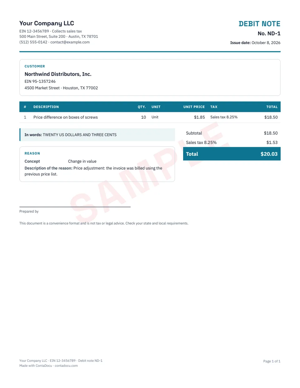 Example of debit note with sample data