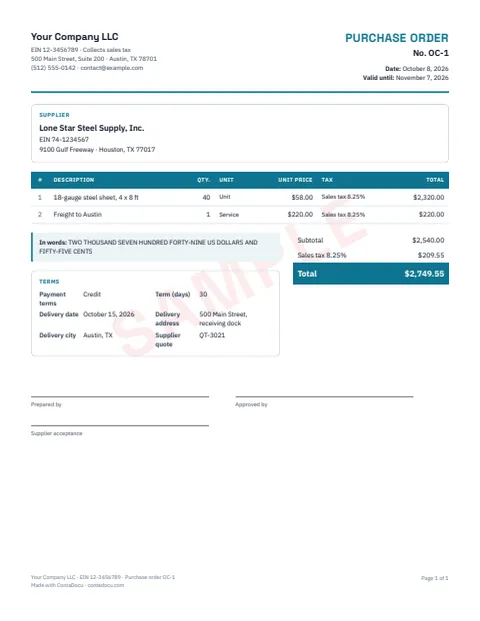 PDF example of purchase order