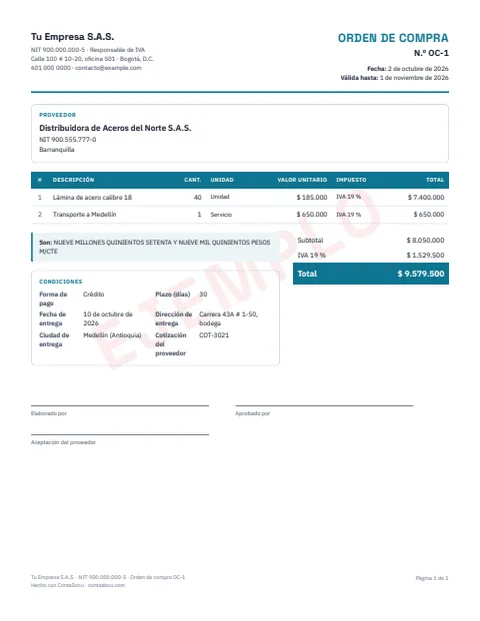 Ejemplo de orden de compra en PDF