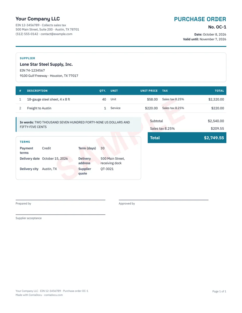 Example of purchase order with sample data