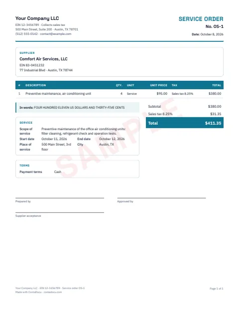 PDF example of service order