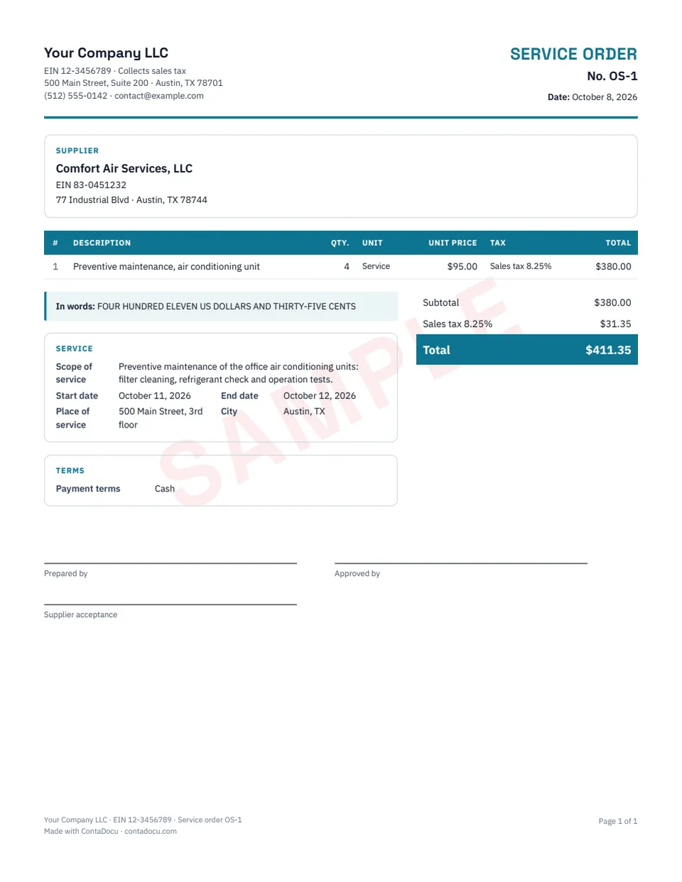 Example of service order with sample data