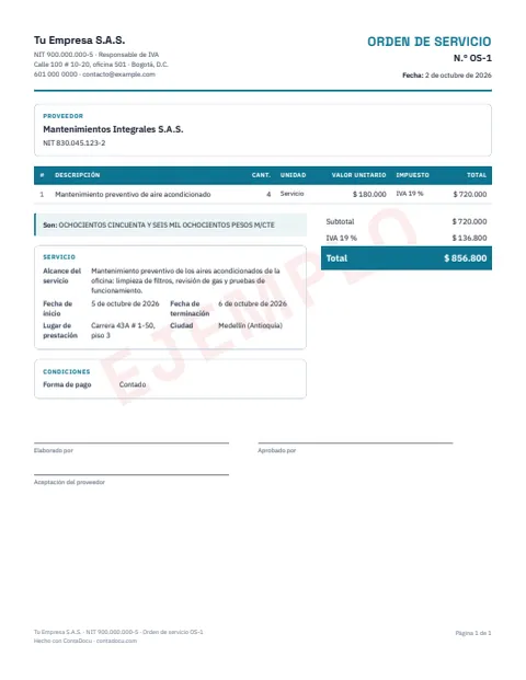 Ejemplo de orden de servicio en PDF