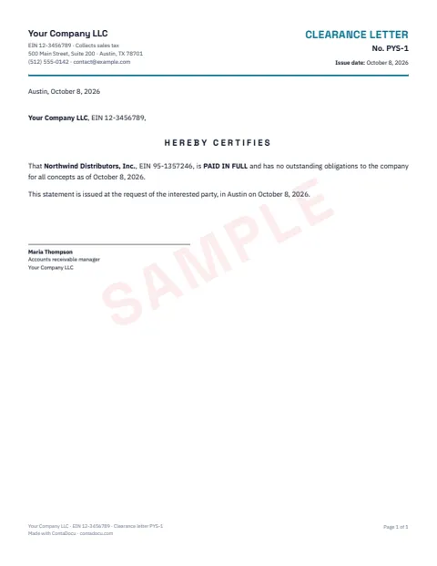 PDF example of clearance letter