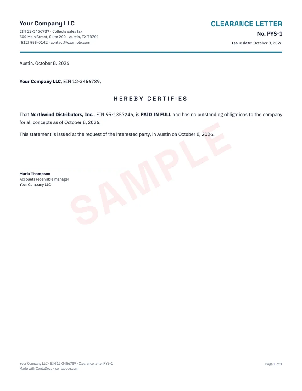 Example of clearance letter with sample data