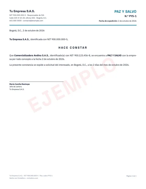 Ejemplo de paz y salvo en PDF