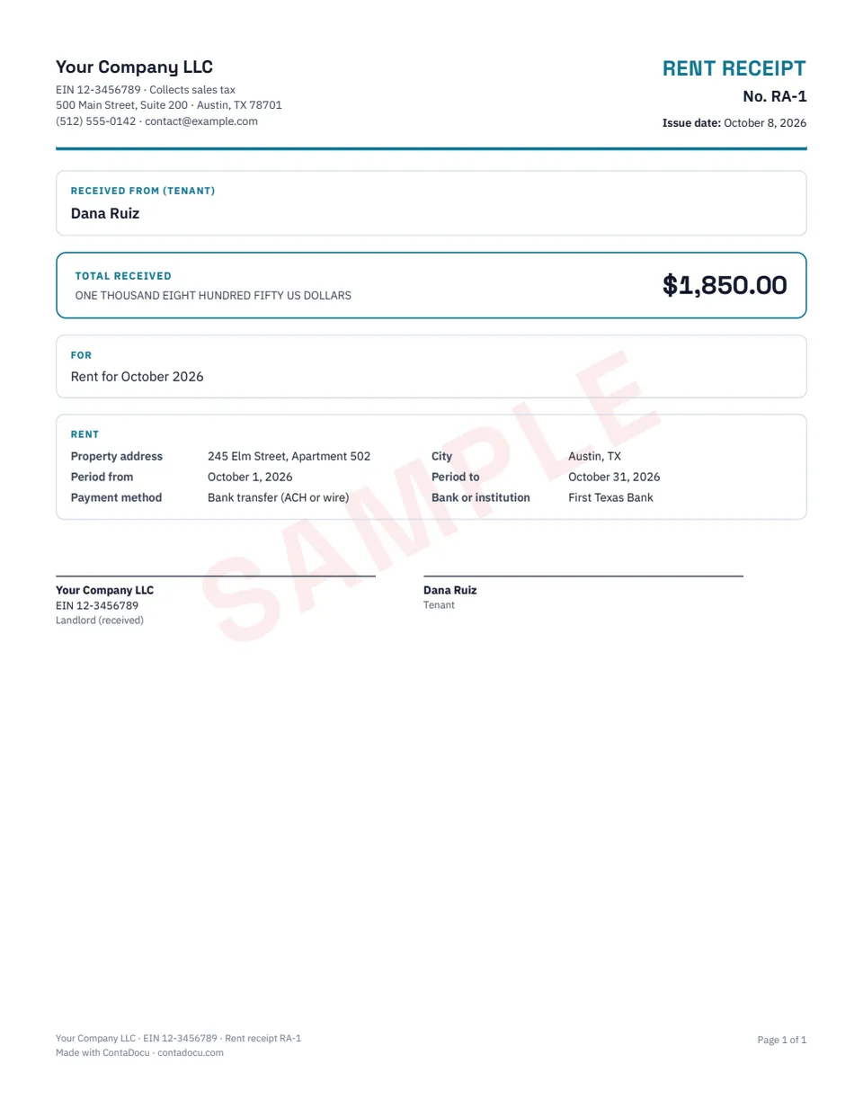 Example of rent receipt with sample data
