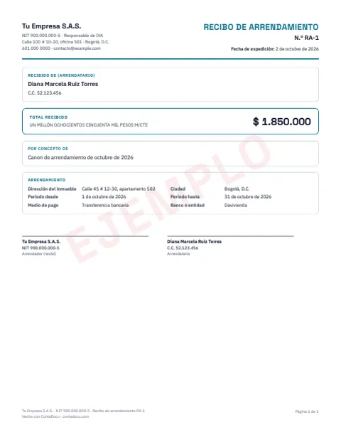 Ejemplo de recibo de arrendamiento en PDF