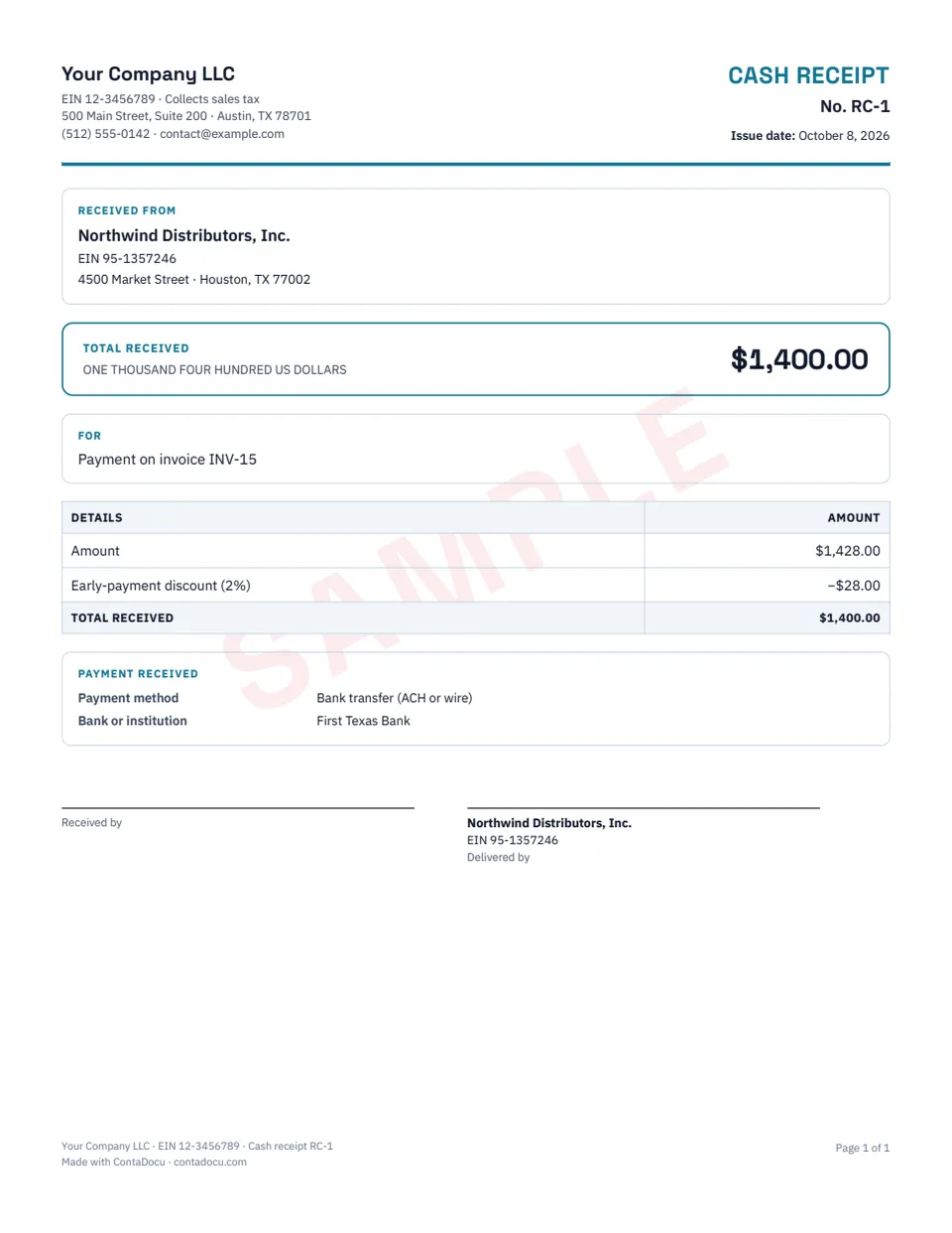 Example of cash receipt with sample data