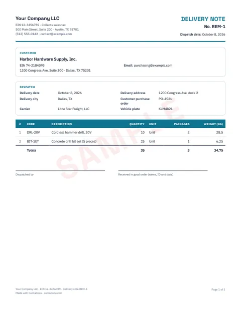 PDF example of delivery note